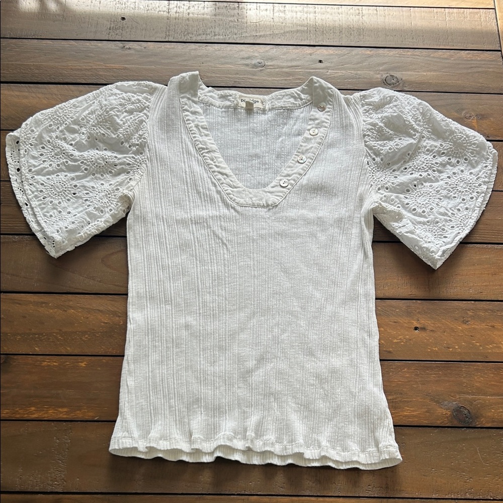 Anthropologie Chic White Eyelet Sleeve Blouse